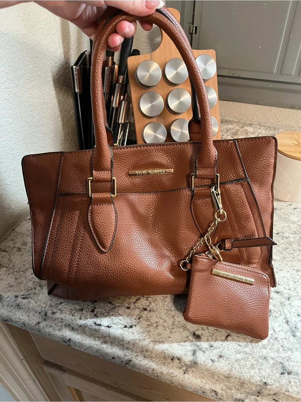 Steve Madden Cognac Pebbled Leather Tote with Key Pouch